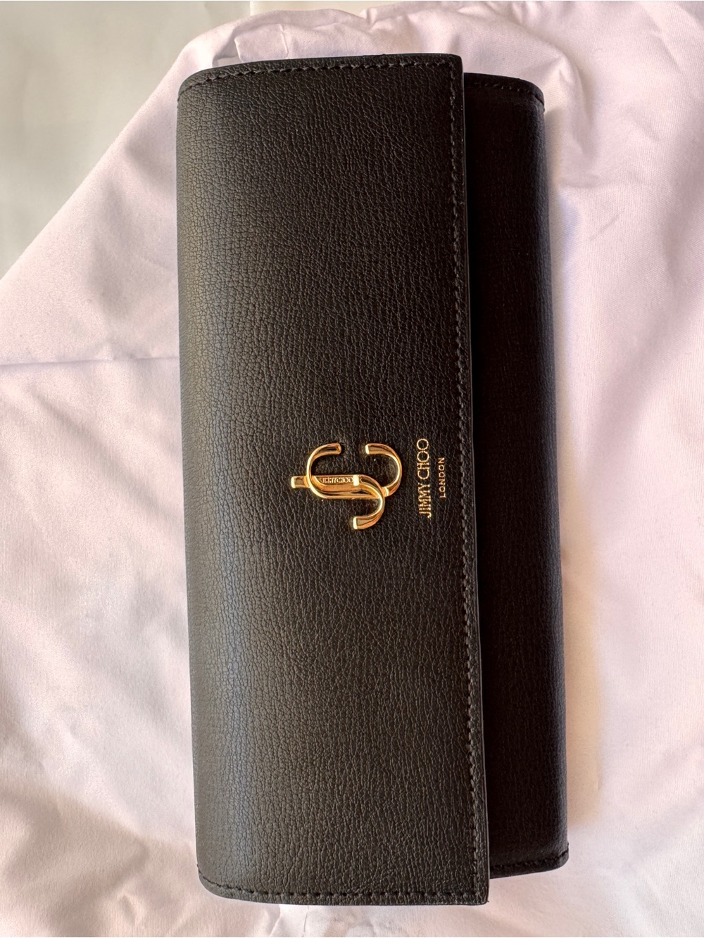 Jimmy Choo Black Pebbled Leather Long Wallet with Gold Logo Detail